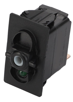 Close-up of the AGCO SWITCH - D45050006, a black rectangular rocker switch with a green LED indicator, mounted on a black plastic casing. The product is branded by AGCO.