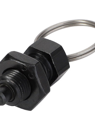 The AGCO Latch - Acw0056000 is a compact, black, hexagonal bolt featuring a protruding button and an attached metal loop on one end.