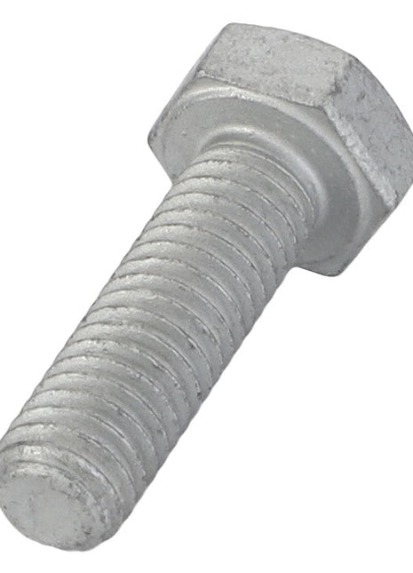 A close-up image of the AGCO | Hexagonal Bolt - Acw1044850 in silver, showcasing its intricate threading along the shaft, meticulously designed for secure fastening purposes.