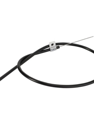 The Bowden Cable, AC Control Panel - ACP0418690 by AGCO is a sleek, black cylindrical cable with a metallic tip and a small white plastic clip elegantly attached along its length.