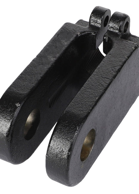 The AGCO | CYLINDER CLEVIS - AG238257, produced by AGCO, is a black metal yoke component with two parallel arms, each featuring a circular hole and a threaded interior section.