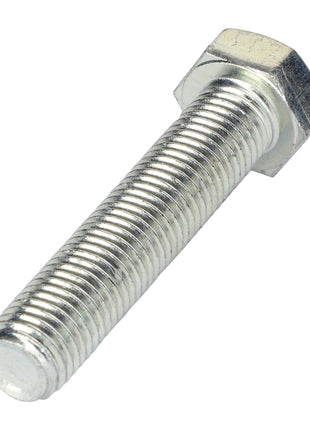 Close-up of the AGCO HEXAGONAL HEAD BOLT - 0901-22-58-00, featuring a shiny, silver threaded shaft and a six-sided head, elegantly placed on a pristine white background.