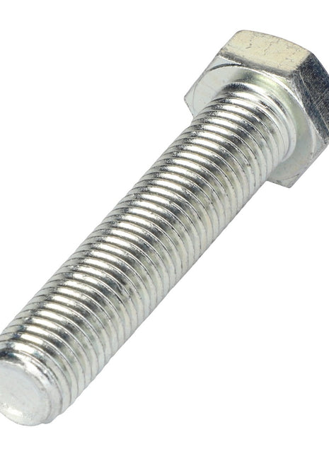Close-up of the AGCO HEXAGONAL HEAD BOLT - 0901-22-58-00, featuring a shiny, silver threaded shaft and a six-sided head, elegantly placed on a pristine white background.