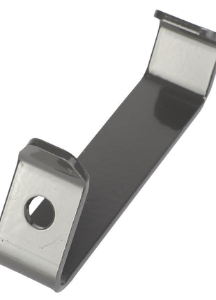 The AGCO | Chute Support - Acw1543320 by AGCO is a black metal bracket featuring a flat base, a hole on one end, and a curved, hook-like feature at the other end.