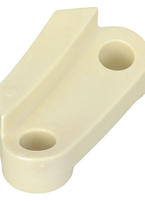 No current product description available for the AGCO | Slide - Acx2724020, a cream-colored plastic piece with two circular holes and an angled edge.