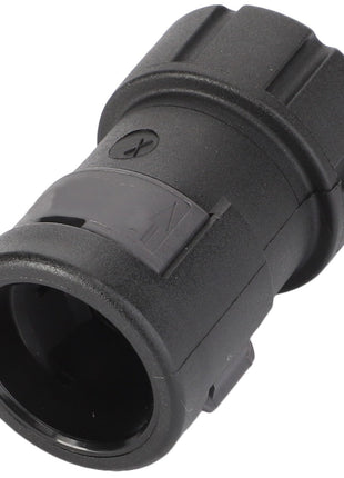 A close-up view of the AGCO | Connector - D45090096, showcasing its black, cylindrical plastic design with a textured grip and secure locking mechanism.