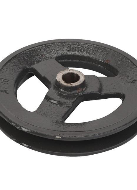 The AGCO Pulley - La300110159 is a black metal wheel with three spokes and a central circular hole, featuring a smooth outer edge. Further product details are unavailable at this time.