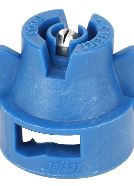 Close-up of a blue plastic nozzle with a metal screw in the center, featuring a rectangular opening at the bottom labeled "Lechler." No current product description information is available for AGCO | TIP - AG726265 by AGCO.