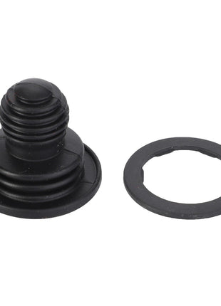 A black plastic AGCO drain plug, model AL60004085, complete with an O-ring gasket, both meticulously positioned against a white background. No current product description information is available for this item.