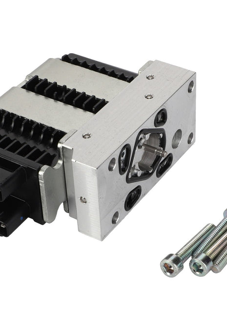 The AGCO | Electronic Control Unit - Acp0562060, a metal electronic component featuring a connector and three extension wires with bolts placed next to it, is commonly used in the electronic control units of agricultural machinery.