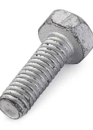 An AGCO SCREW - CH8T-0285, a silver hexagon-head bolt with a threaded shaft, rests on a pristine white background.