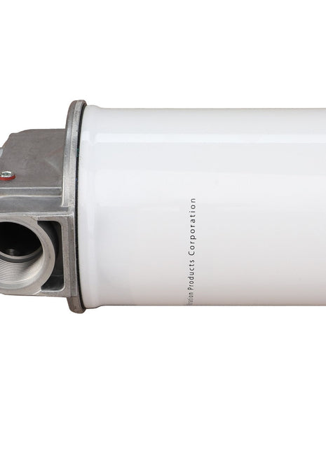 The AGCO Hydraulic Filter Assembly - 8042574 is a white cylindrical filter equipped with metal components on one end, featuring both an inlet and outlet for fuel connection. It ensures cleaner transmission oil for your vehicle, providing a one-stop solution for maintaining optimal engine performance.