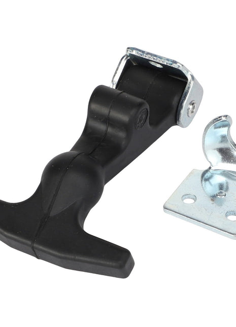 The AGCO LATCH - CH118-0772 in black, complete with a metal catch bracket, showcased against a white backdrop. Product description information is currently unavailable.