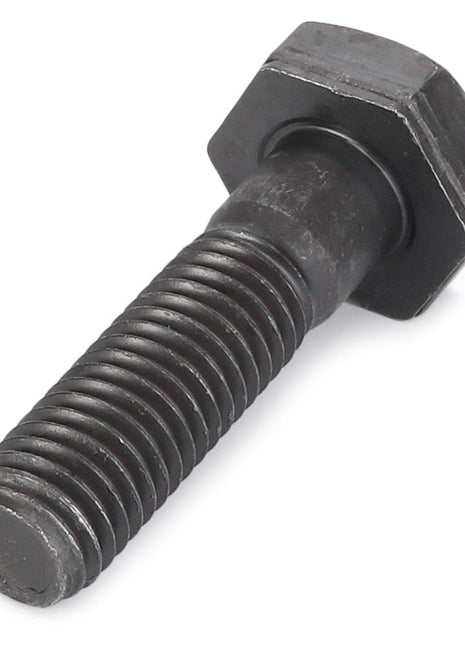 A close-up of an AGCO | Bolt - 3785561M1, a black hex bolt with a threaded shaft and hexagonal head, lying on a white background, compatible with Fendt fitment.