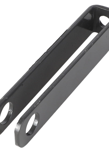 The AGCO | SPRING - E69277, produced by AGCO, is a black metal bracket featuring two holes at one end and an open slot at the other end, designed for mounting or connecting parts.