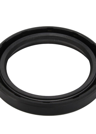 The AGCO | Oil Seal - Acp0368830 by AGCO features a black rubber construction with a circular design and an inner metal spring, engineered to prevent oil leakage in mechanical systems, ensuring reliability and performance.