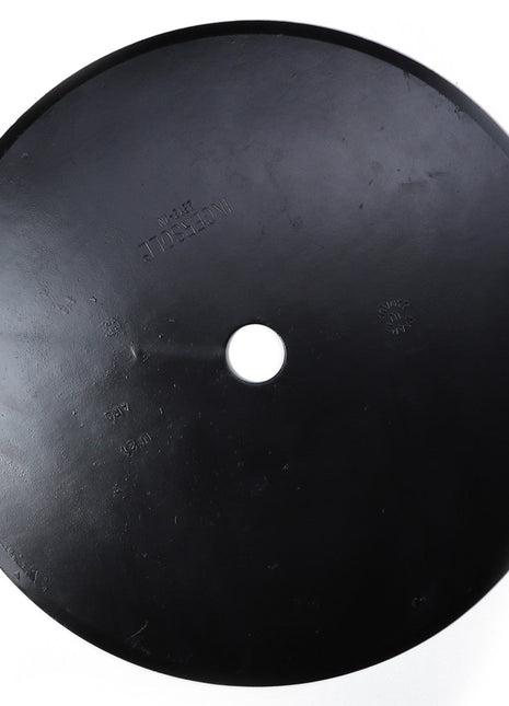 A black, circular weight plate with a central hole. The product description of the AGCO BLADE - SN2812-1N notes that the plate surface features text and markings.