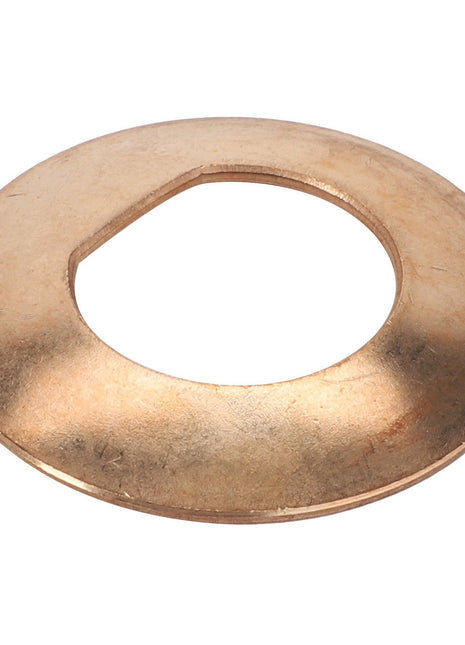 The AGCO Thrust Washer - F339300020580 is a brass conical washer with a partially flattened side, expertly designed to effectively distribute the load of a threaded fastener.