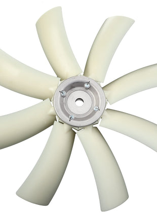 The AGCO Fan, Fixed - Acw111797A features a white eight-blade rotor with a central mounting hub and visible screws, designed to ensure efficient engine temperature management in a tractor radiator.