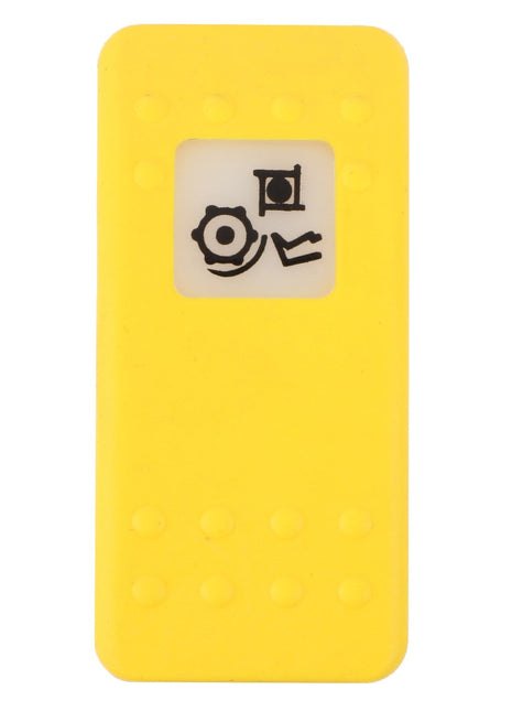 AGCO | SWITCH - D45050010: A yellow plastic block with tactile Braille dots and a black indented symbol resembling a gear, along with other unique shapes.