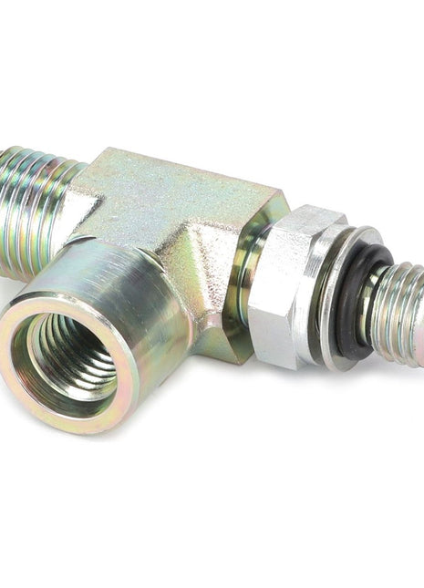 A metallic T-shaped hydraulic fitting with threaded connectors and an O-ring, compatible with Massey Ferguson models, branded as AGCO | Selector - 4306671M2.