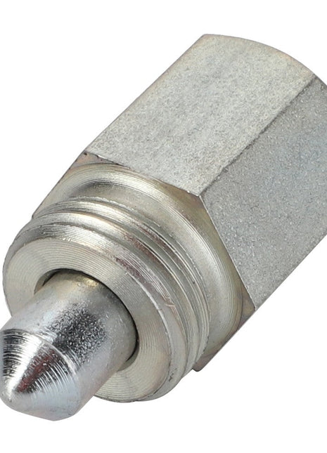 Close-up image of the AGCO Indicator Device - F312500072400, featuring a metallic nozzle with a hexagonal base and a conical tip.