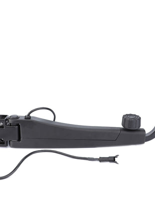 The AGCO Mirror Arm, Electric Control - 3787156M91 is a high-grade certified mechanical arm in black that includes an attached wiring cable, features an adjustable knob and a hinge mechanism on one end.