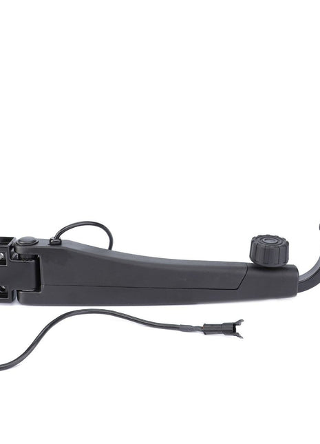 The AGCO Mirror Arm, Electric Control - 3787156M91 is a high-grade certified mechanical arm in black that includes an attached wiring cable, features an adjustable knob and a hinge mechanism on one end.