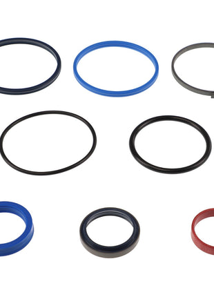 The AGCO | SEALS KIT - AL5033707 from AGCO features a collection of variously sized O-rings and seals, including black, blue, and red pieces, all meticulously arranged on a white background.