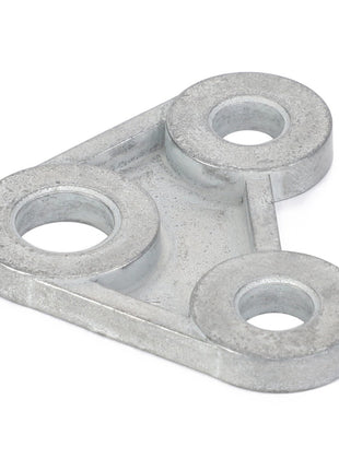 The AGCO Spacer Plate - F291500030160 by AGCO is a triangular metal plate featuring three circular openings, designed for use as a mounting bracket or connector. No current product description available.