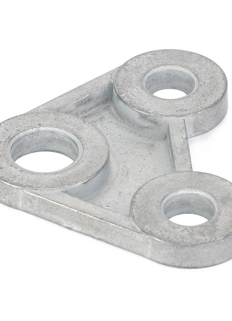 The AGCO Spacer Plate - F291500030160 by AGCO is a triangular metal plate featuring three circular openings, designed for use as a mounting bracket or connector. No current product description available.
