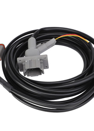 A product from AGCO named HARNESS - AL60007848 features a black coiled cable with multiple colored wires at one end and a rectangular gray connector at the other, though its specific use is not detailed.