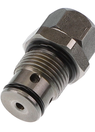 AGCO | PRESSURE VALVE - AL521259 is a metallic hexagonal bolt equipped with a threaded body and circular holes on its side, featuring an O-ring near the base. Specific product description information is currently unavailable.