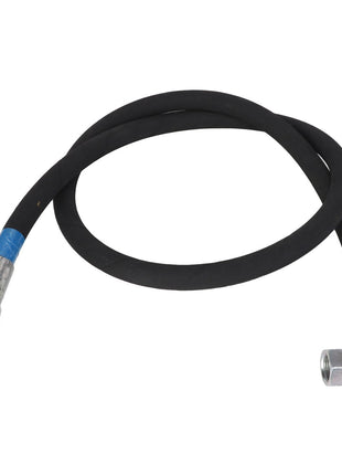 The AGCO Hose - Acp0296000 by AGCO is a black rubber hose featuring metal fittings on both ends—one straight and one angled—designed for fluid transfer or hydraulic systems. No Current Product Description Available.