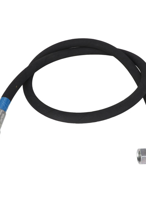 The AGCO Hose - Acp0296000 by AGCO is a black rubber hose featuring metal fittings on both ends—one straight and one angled—designed for fluid transfer or hydraulic systems. No Current Product Description Available.