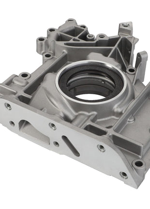 The AGCO Crankcase End Cover - F404200210090 is a metallic engine timing cover featuring a central circular opening and multiple bolt holes for secure attachment. No current product description is available for this item.