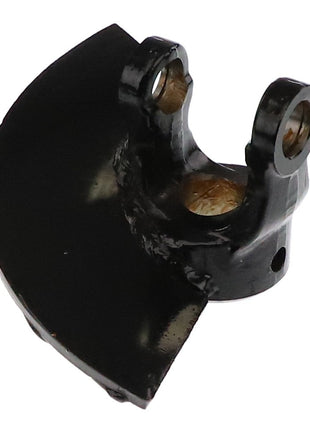 Close-up of the AGCO | FORK - D28880511, a small black metal mechanical part with two circular holes and a curved edge, highlighting its role as an integral component of a larger machine.