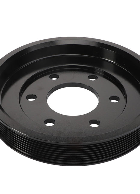 The AGCO Crankshaft Pulley - Acw3344240 is a black, grooved metal pulley featuring five bolt holes in the center. Currently, no additional product description information is available.