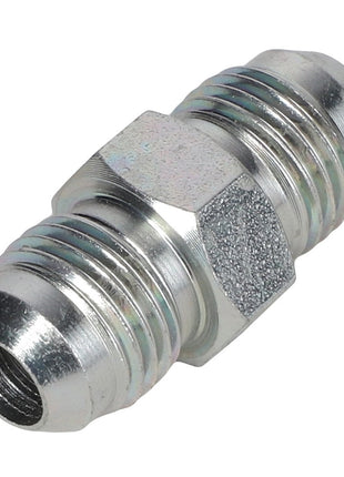 Close-up image of the AGCO | ADAPTER - AL5028109, featuring male threads on both ends and a central hexagonal section for tightening.