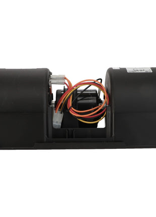 A black AGCO dual motor blower (model FAN - D45053200) with red, yellow, and black wires is shown on a white background. No current product description information is available.