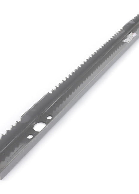 A sharp-edged, metallic AGCO Chain Feeder Slat, Right - D28285324 with serrated edges and several holes along its length, designed for maximum uptime and isolated on a white background.