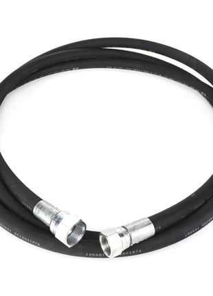 Introducing the AGCO | HYDRAULIC HOSE - AL9030894, a dependable black hydraulic hose featuring two metallic connectors at each end, ensuring reliable performance.