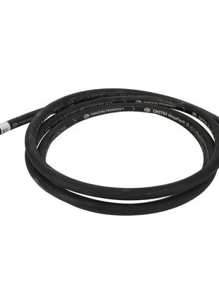 Introducing the AGCO | HYDRAULIC HOSE - D45130046, a high-performance, coiled black rubber hose crafted by AGCO with durable metal connectors on both ends, engineered for high-pressure applications.