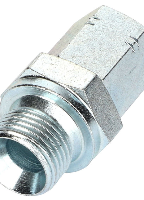 Close-up image of the AGCO ADAPTER - AL5027815, featuring a hexagon-shaped nut and threaded end, highlighting its intricate details.