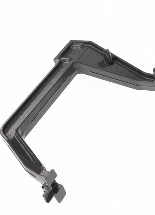 AGCO's Hose Holder - Acw0895370 is a black metal mechanical part with a right-angle design, featuring a cylindrical end on one side and a flat bracket on the opposite end, likely intended for industrial or automotive use. It is displayed isolated on a white background.