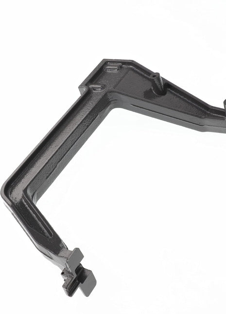 AGCO's Hose Holder - Acw0895370 is a black metal mechanical part with a right-angle design, featuring a cylindrical end on one side and a flat bracket on the opposite end, likely intended for industrial or automotive use. It is displayed isolated on a white background.