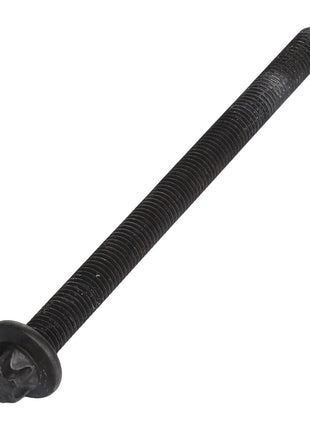 A long, black AGCO Hexagon Flange Bolt (model F530200090620) with a Phillips head and a securely attached washer.