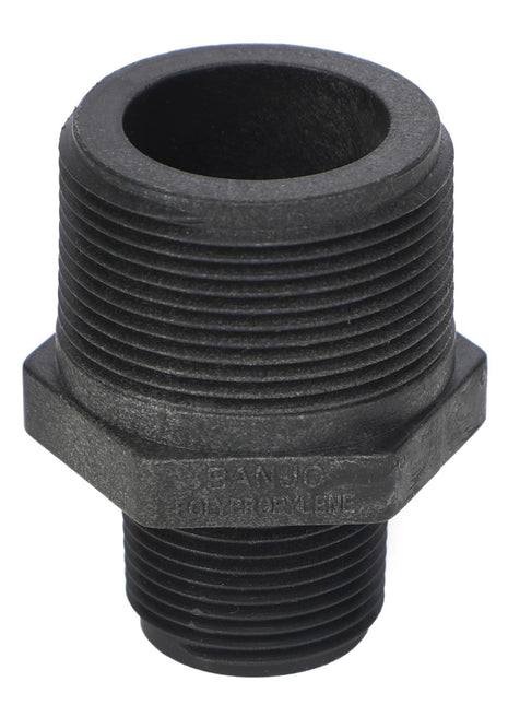 Introducing the AGCO Reducer Fitting - Ag051439 by AGCO: a black threaded polypropylene pipe fitting featuring a male connector on one end and a larger threaded female opening on the other.