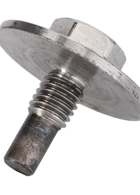 A close-up image of the AGCO Locking Screw - F285100100080, featuring a 29.47mm metal locking screw with a circular head and threaded shaft.