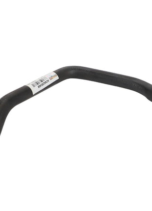 A sleek, black curved AGCO Water Hose - Acw620546B with a label attached to it. The hose features open ends and is showcased against a pristine white background.